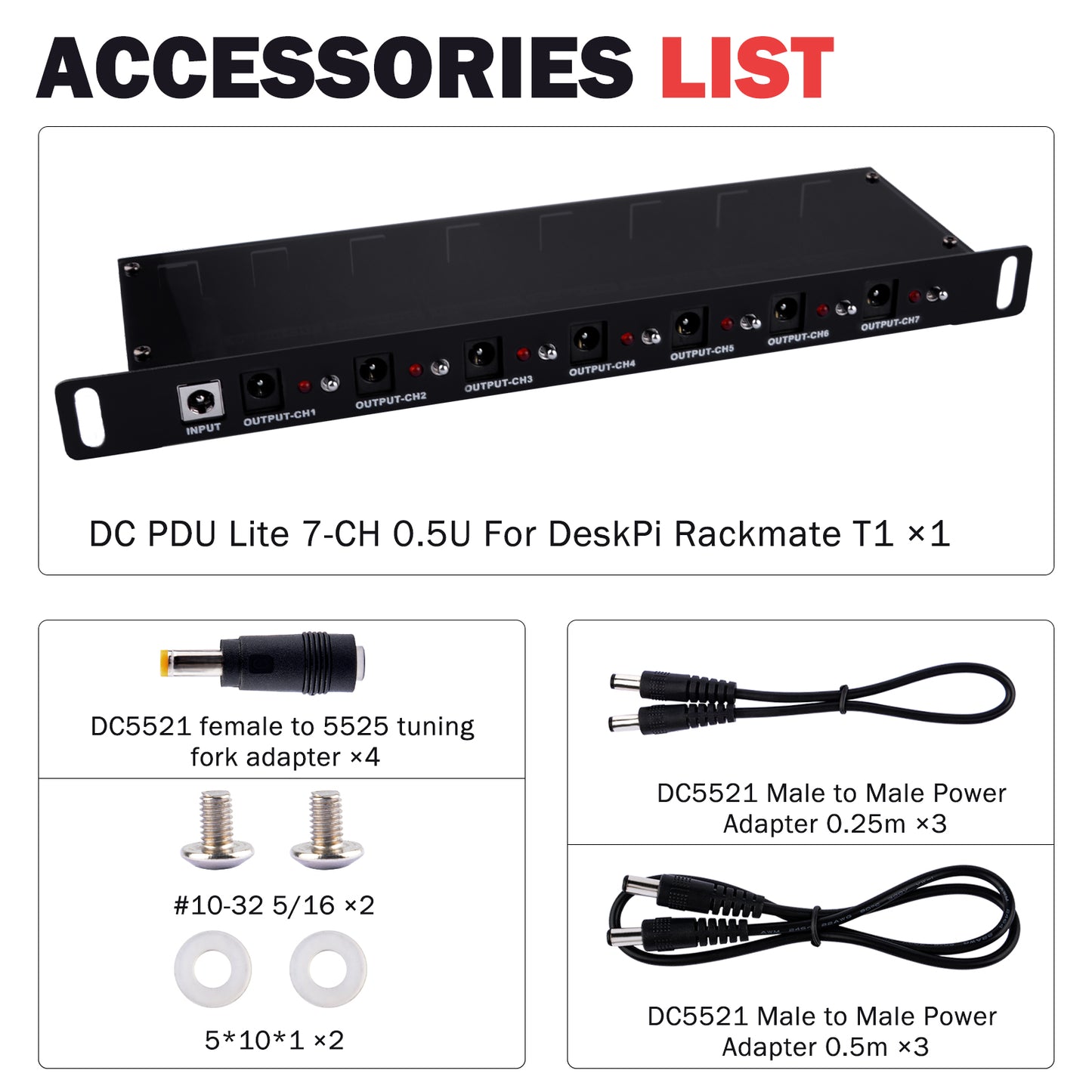 DeskPi DC PDU Lite 7-CH 0.5U for DeskPi Rackmate, 7 Outlets Rack-Mount Power Distribution Unit for 10 Inch Server Cabinet