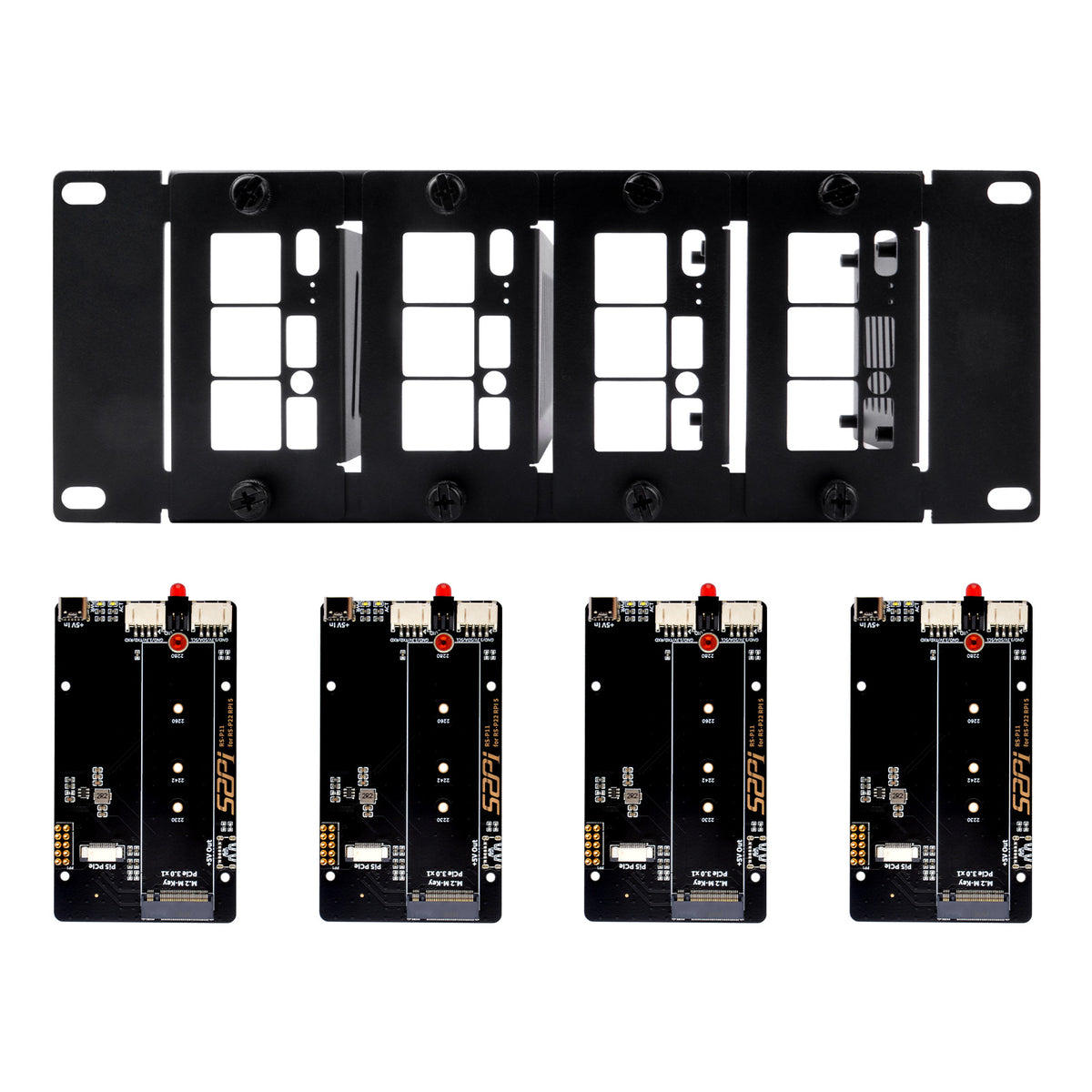 DeskPi Rackmate 10 inch 2U Rack Mount with 4 PCIE NVME Boards for Rasp ...