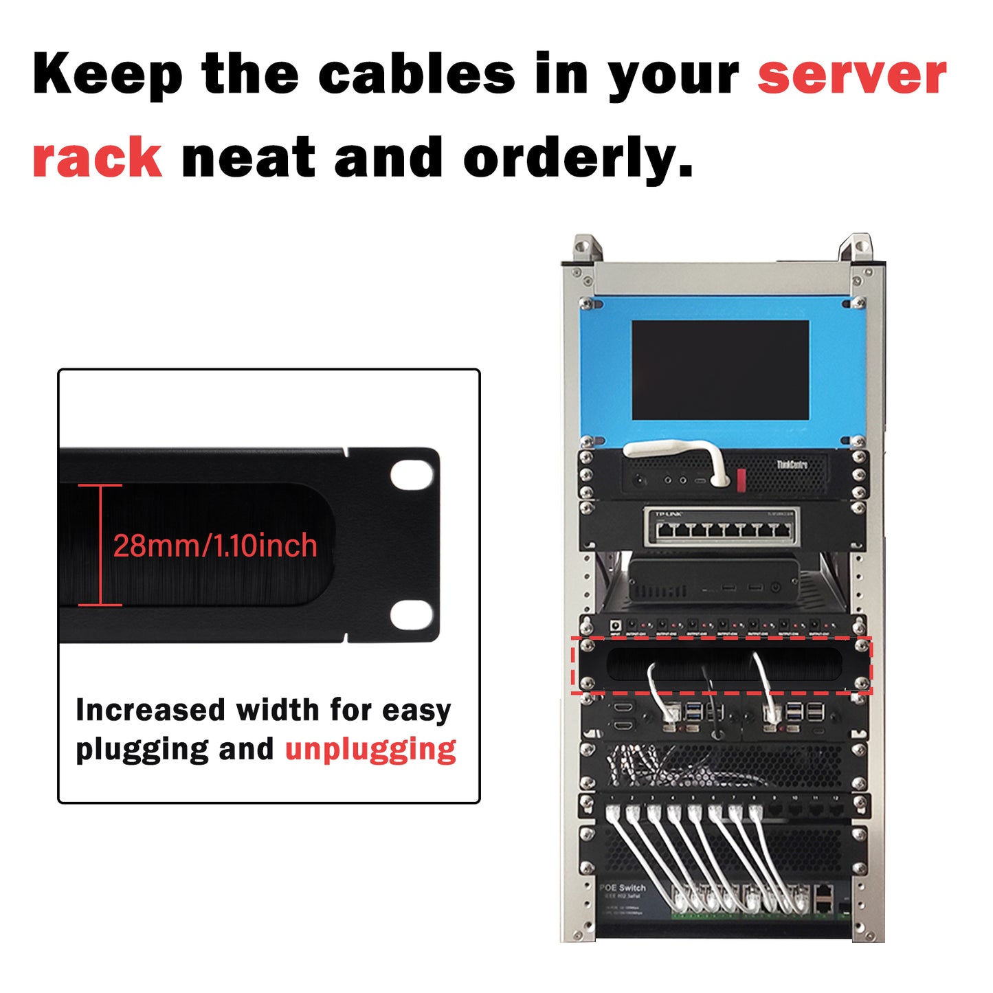 DeskPi RackMate Accessories 1U Rack Cable Entry Panel with Brush Strip for T0/T1/T2 Server Cabinet