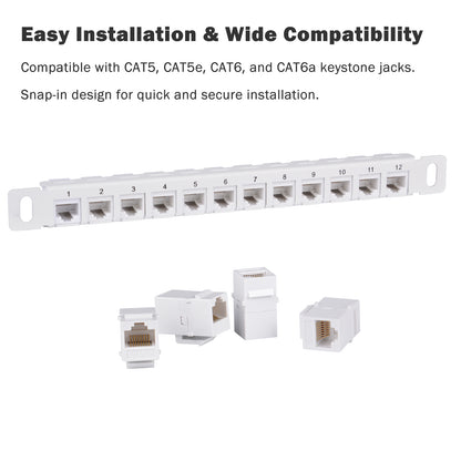 DeskPi Rackmate 12 Port Blank Keystone Patch Panel, White 10 inch 0.5U Cable Management Rack for T0/T1/T2 Server Cabinets