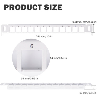 DeskPi Rackmate 12 Port Blank Keystone Patch Panel, White 10 inch 0.5U Cable Management Rack for T0/T1/T2 Server Cabinets