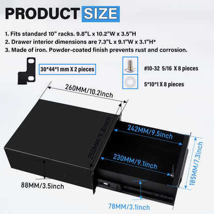 DeskPi RackMate 2U Rackmount Lockable Drawer, 10 Inch Server Cabinet Case Rack Mount for T2 Server Cabinets