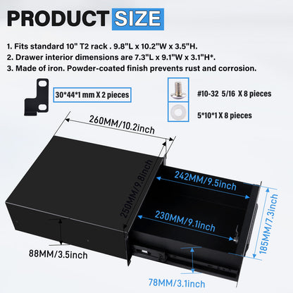 DeskPi RackMate 2U Rackmount Lockable Drawer, 10 Inch Server Cabinet Case Rack Mount for T2 Server Cabinets