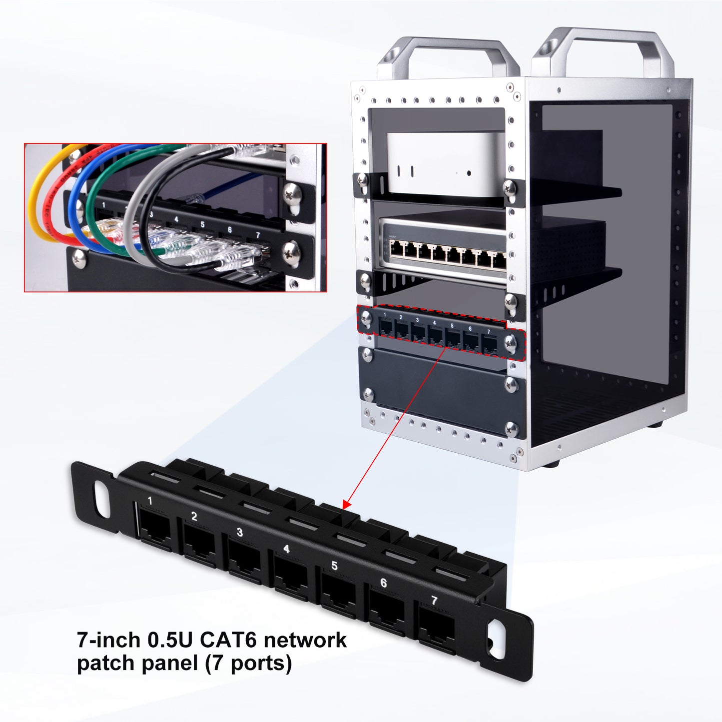 DeskPi RackMate 7 inch 0.5U CAT6 Network Patch Panel with 7 Ports for TT Server Rack/Network Cabinet