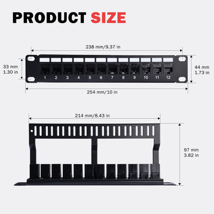 DeskPi Rackmate 12 Port CAT6 Keystone Patch Panel, 10inch 1U Network Patch Panel with Cable Management