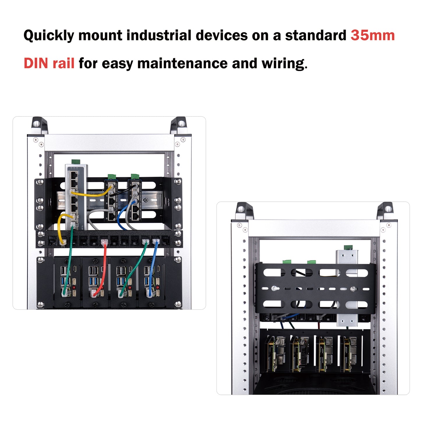 DeskPi RackMate 2U DIN Rail Mount, Adjustable Depth 10 inch Chassis Bracket for 35mm Din-Rail Mounted Device Switch Media Converter