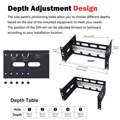 DeskPi RackMate 2U DIN Rail Mount, Adjustable Depth 10 inch Chassis Bracket for 35mm Din-Rail Mounted Device Switch Media Converter