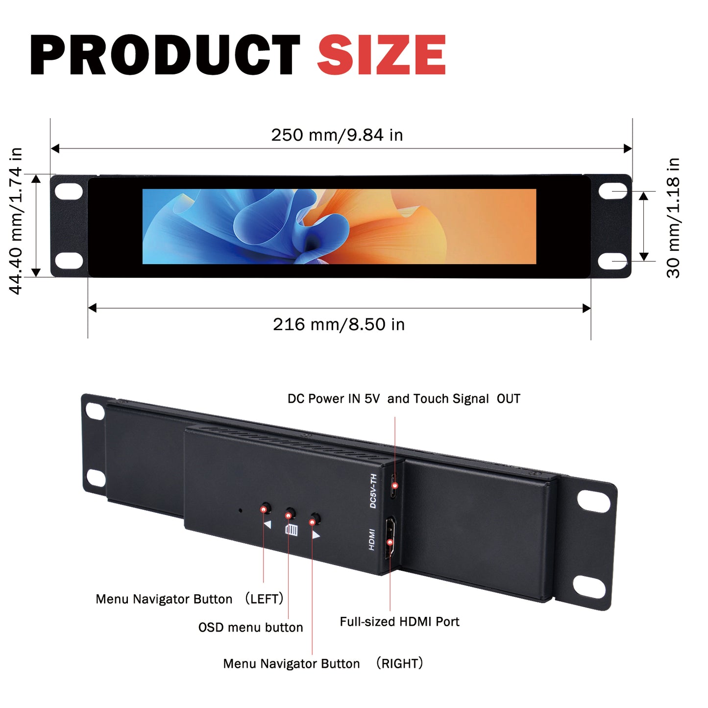 DeskPi 6.91-inch Touch Screen 1424X280 TFT LCD Display 10 inch 1U Rackmount Monitor for DeskPi RackMate T0/T1/T2 Server Cabinets