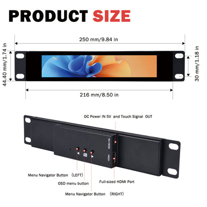 DeskPi 6.91-inch Touch Screen 1424X280 TFT LCD Display 10 inch 1U Rackmount Monitor for DeskPi RackMate T0/T1/T2 Server Cabinets