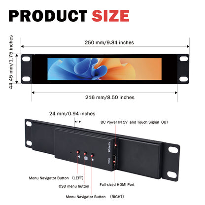 DeskPi 6.91-inch Touch Screen 1424X280 TFT LCD Display 10 inch 1U Rackmount Monitor for DeskPi RackMate T0/T1/T2 Server Cabinets