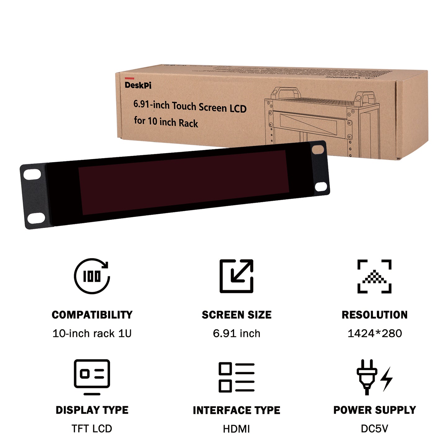 DeskPi 6.91-inch Touch Screen 1424X280 TFT LCD Display 10 inch 1U Rackmount Monitor for DeskPi RackMate T0/T1/T2 Server Cabinets