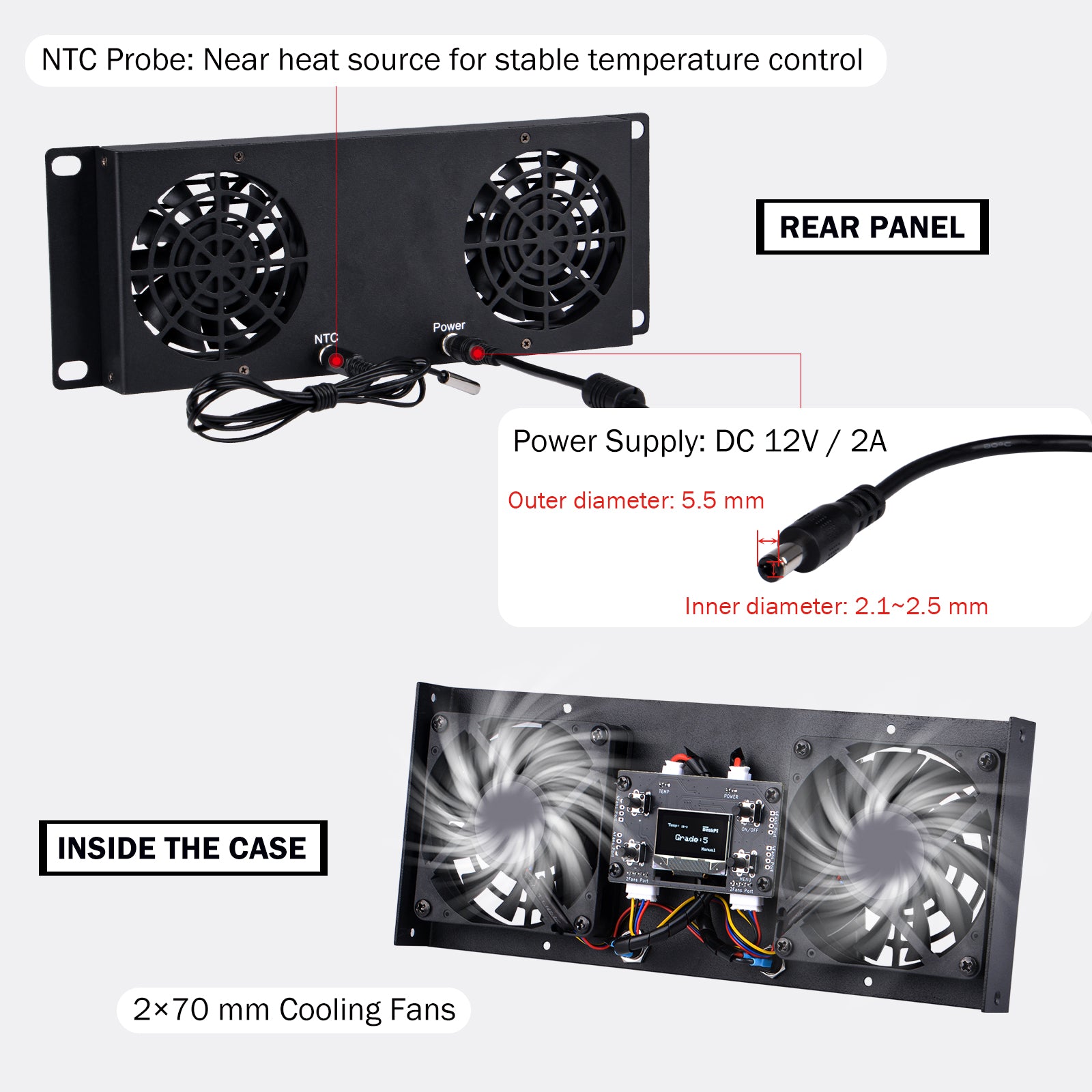 DeskPi RackMate Accessories 10-Inch 2U Dual Cooling Fan Panel for