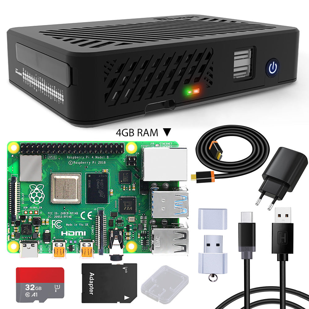 DeskPi Lite Case Full Kit with Raspberry Pi 4 Board - 4GB RAM / Q3 Power Supply / 32GB Card / USB Card Reader