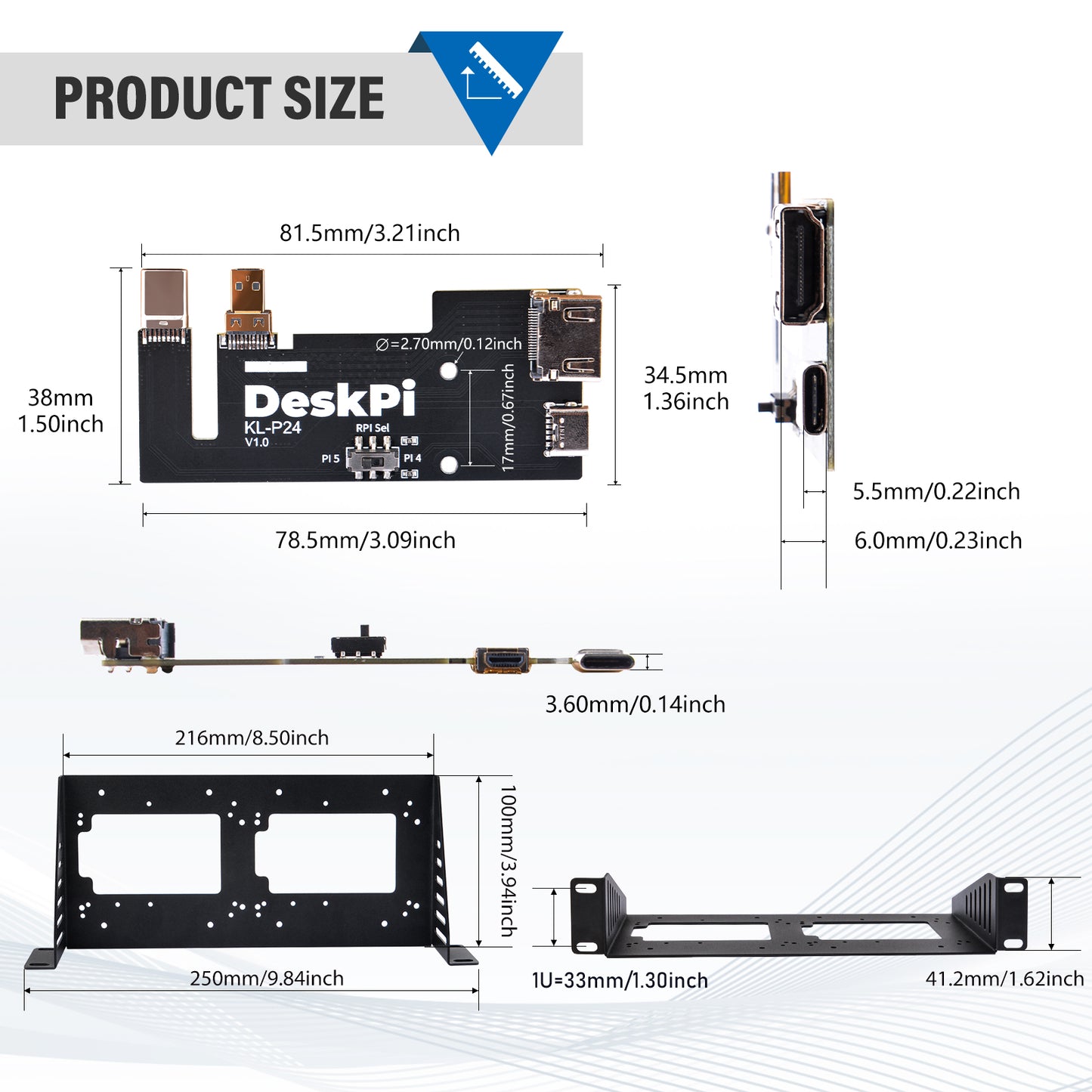 DeskPi 2pcs KL-P24 Micro HDMI to HDMI Adapter Board, with RackMate Accessories SBC Shelf 10 inch 1U Rack for Raspberry Pi 5 / Pi 4B