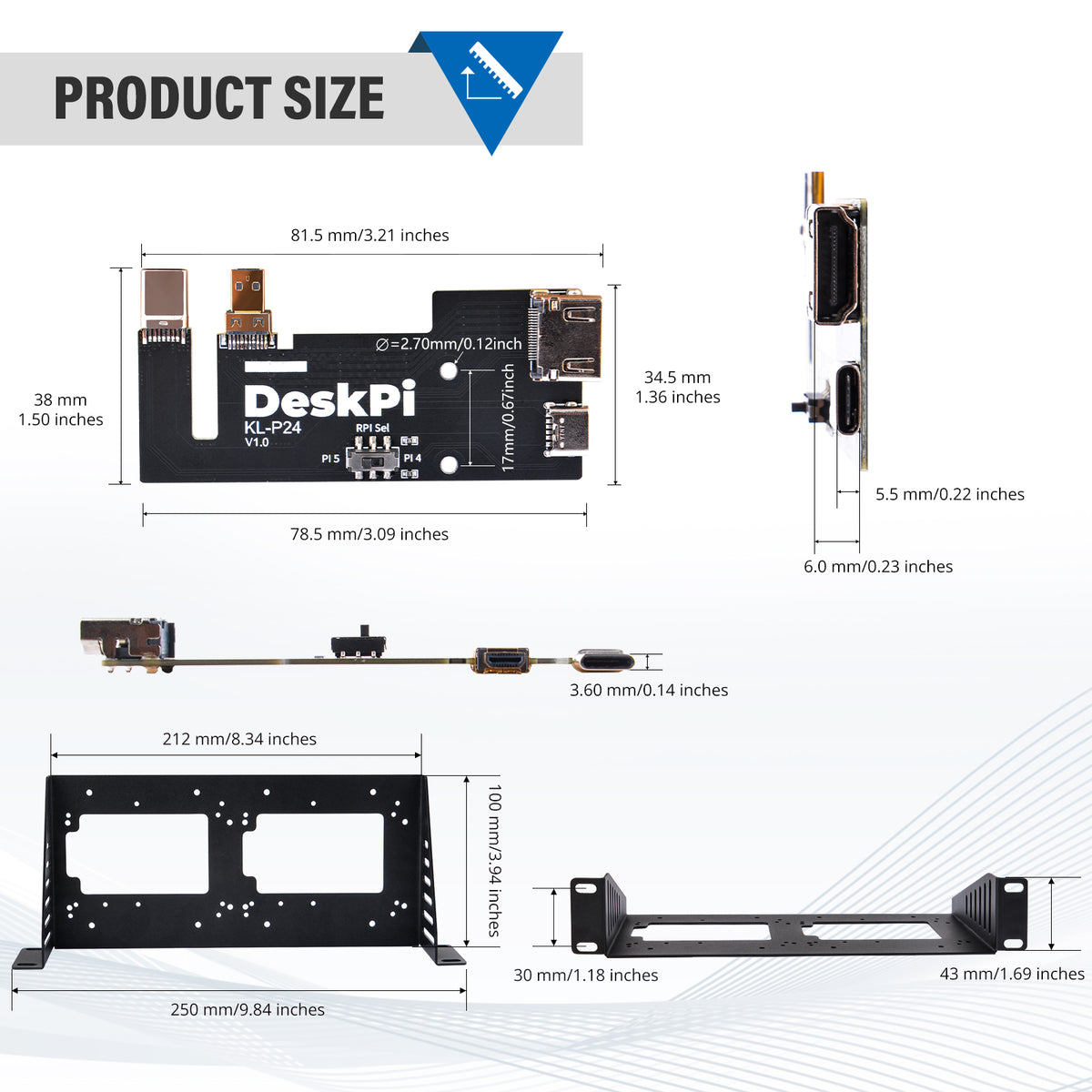 DeskPi 2pcs KL-P24 Micro HDMI to HDMI Adapter Board, with SBC Shelf 10 inch 1U Rack for Raspberry Pi 5 / Pi 4B