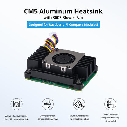 DeskPi Aluminum Alloy Heatsink with 3007 Blower Fan for Raspberry Pi CM5, Dual Cooling for Raspberry Pi Compute Module 5