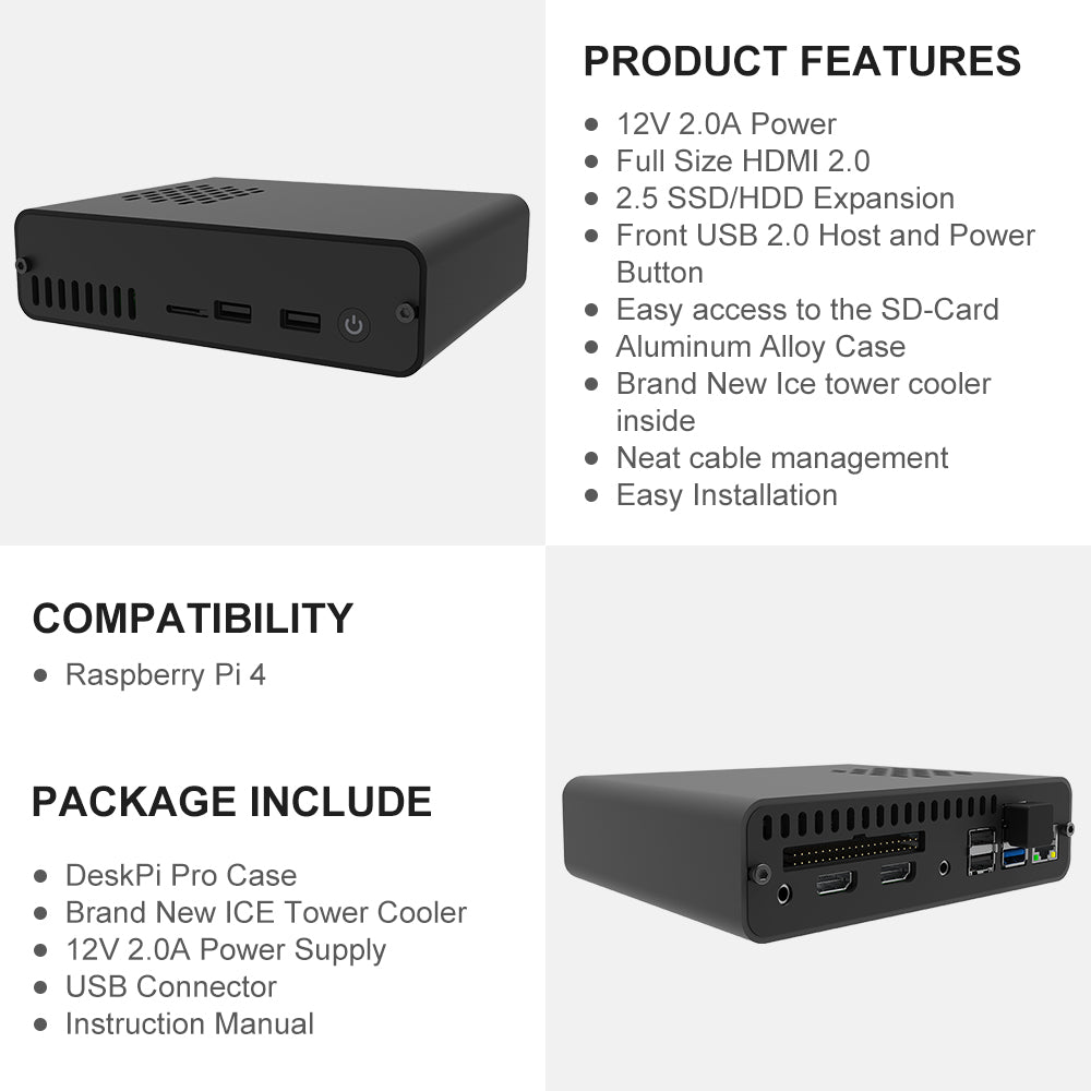 DeskPi Pro V3.0 Aluminum Case for Raspberry Pi 4-with ICE Tower Cooler ...