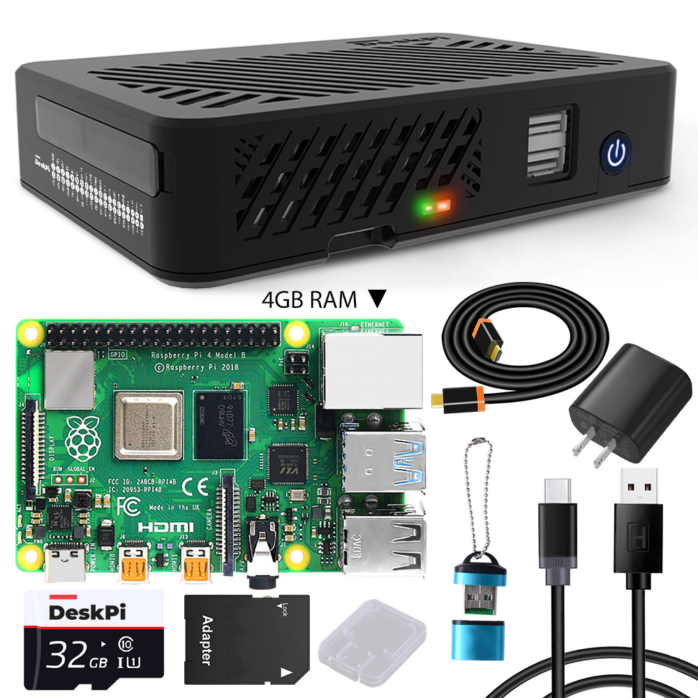 DeskPi Lite Case Full Kit with Raspberry Pi 4 Board - 4GB RAM / Q3 Pow ...